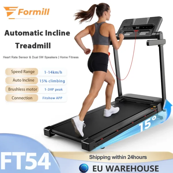 Tapis roulant automatique inclinable Formill FT54, 1-14 km/h, haut-parleur Bluetooth, application Fitshow, 1,0-3,0 HP, machine de course pour la remise en forme à domicile